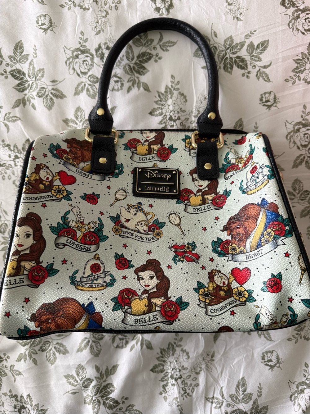 Loungefly Belle & Beast Tattoo Print Satchel - White, Black, Red, Gold